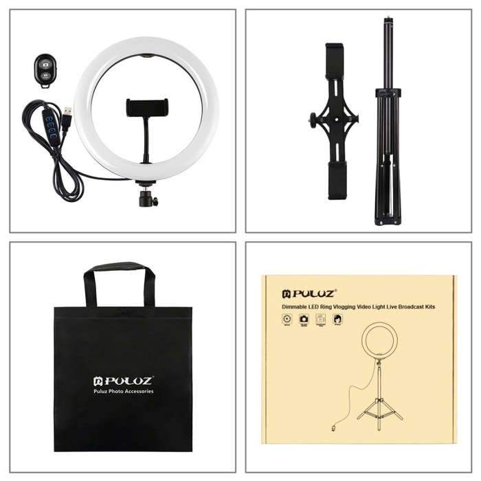 PULUZ 1.65m Tripod Mount + Dual Phone Brackets + 10.2 inch 26cm Curved Surface USB 3 Modes Dimmab...