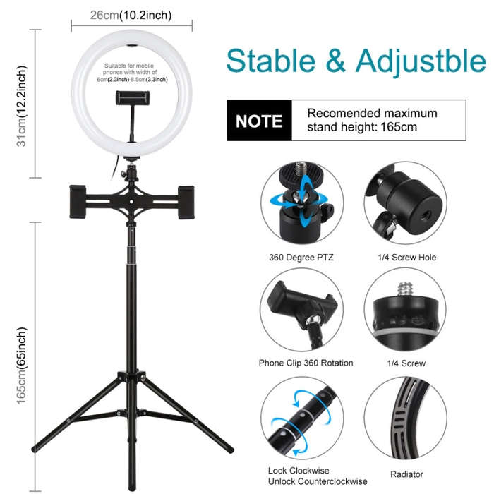PULUZ 1.65m Tripod Mount + Dual Phone Brackets + 10.2 inch 26cm Curved Surface USB 3 Modes Dimmab...