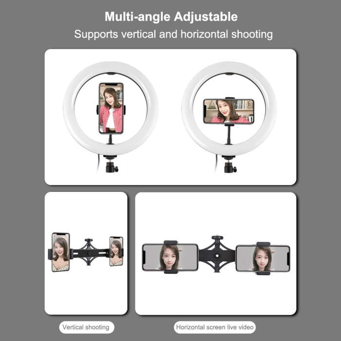 PULUZ 1.65m Tripod Mount + Dual Phone Brackets + 10.2 inch 26cm Curved Surface USB 3 Modes Dimmab...