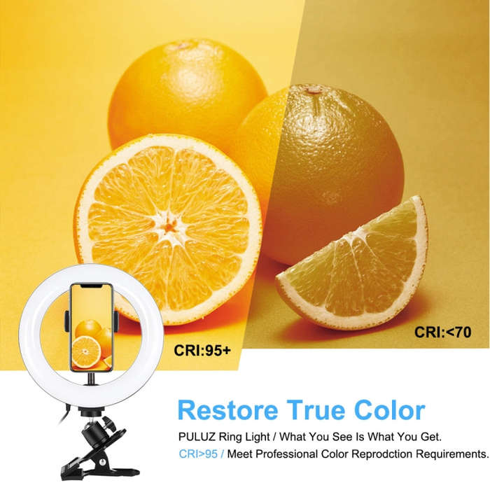 PULUZ 7.9 inch 20cm Ring Selfie Light + Monitor Clip 3 Modes USB Dimmable Dual Color Temperature ...