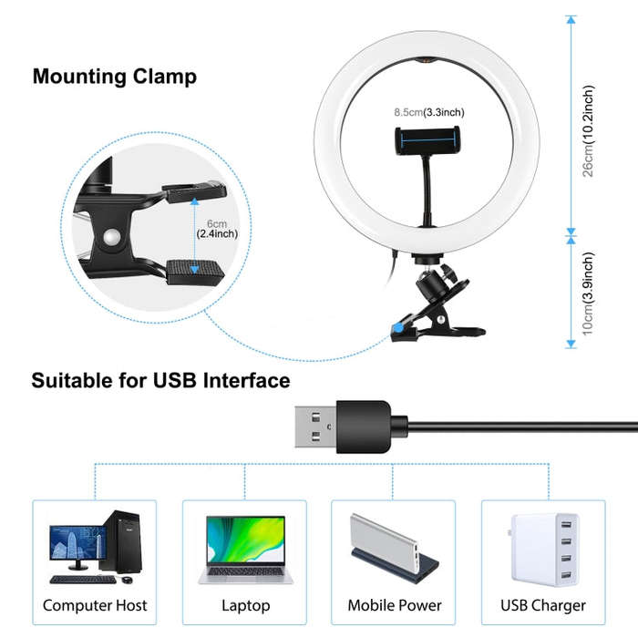PULUZ 10.2 inch 26cm Ring Light + Monitor Clip USB 3 Modes Dimmable Dual Color Temperature LED Cu...