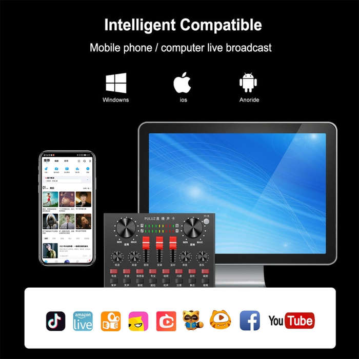 PULUZ Live Broadcasting Sound Card Bluetooth Karaoke Singing Recording Sound Mixer for Mobile Pho...
