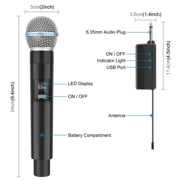 PULUZ 1 To 2 Wireless Microphones with LED Display, 6.35mm Transmitter (Black)