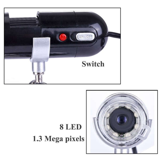 1.3 Mega pixels 200x USB digital microscope with 8 LED White light(Black)