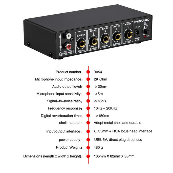 B054 4-Channel Microphone Mixer Support Stereo Output With Reverb Treble And Bass Adjustment, USB...