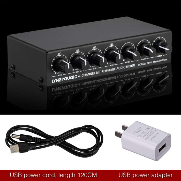 B054 4-Channel Microphone Mixer Support Stereo Output With Reverb Treble And Bass Adjustment, USB...