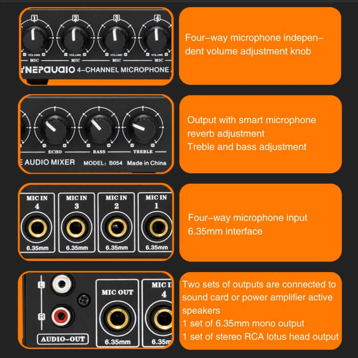 B054 4-Channel Microphone Mixer Support Stereo Output With Reverb Treble And Bass Adjustment, USB...