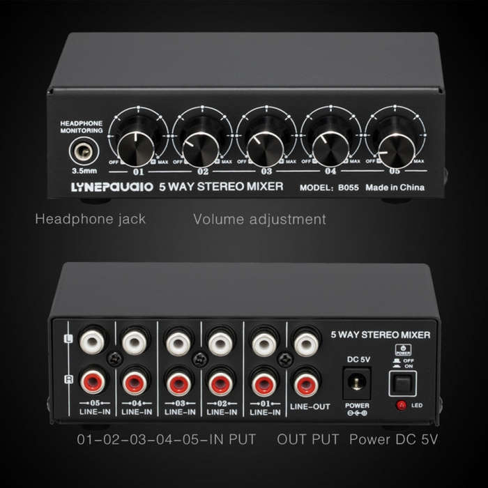 B055 5-Channel Active Stereo Mixer Multi-Channel Mixer with Independent Volume Adjustment  & USB ...