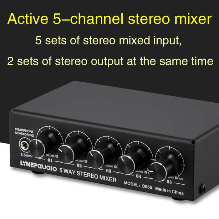 B055 5-Channel Active Stereo Mixer Multi-Channel Mixer with Independent Volume Adjustment  & USB ...