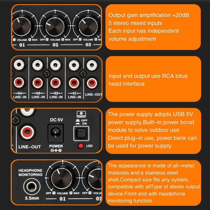 B055 5-Channel Active Stereo Mixer Multi-Channel Mixer with Independent Volume Adjustment  & USB ...