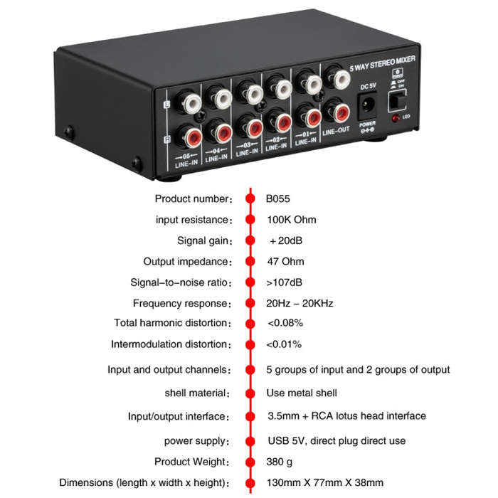 B055 5-Channel Active Stereo Mixer Multi-Channel Mixer with Independent Volume Adjustment  & USB ...