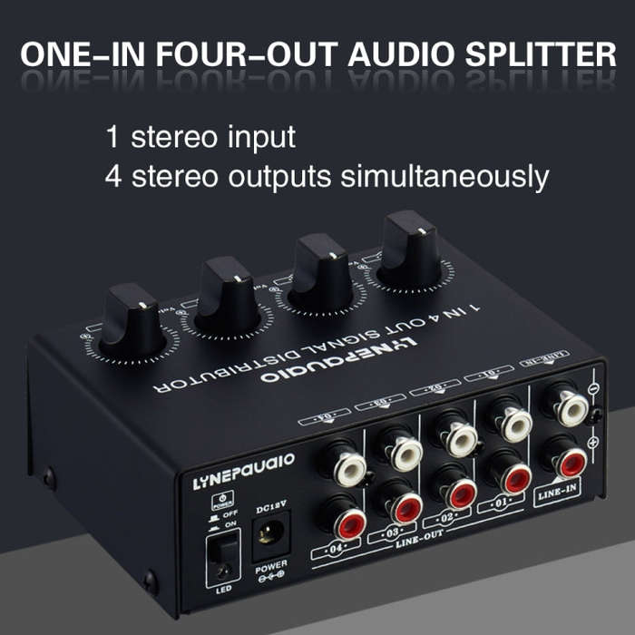1-In 4-Out Front Stereo Signal Amplifier, Independent Output Volume Adjustment RCA Interface No L...