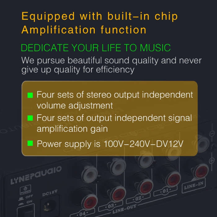 1-In 4-Out Front Stereo Signal Amplifier, Independent Output Volume Adjustment RCA Interface No L...