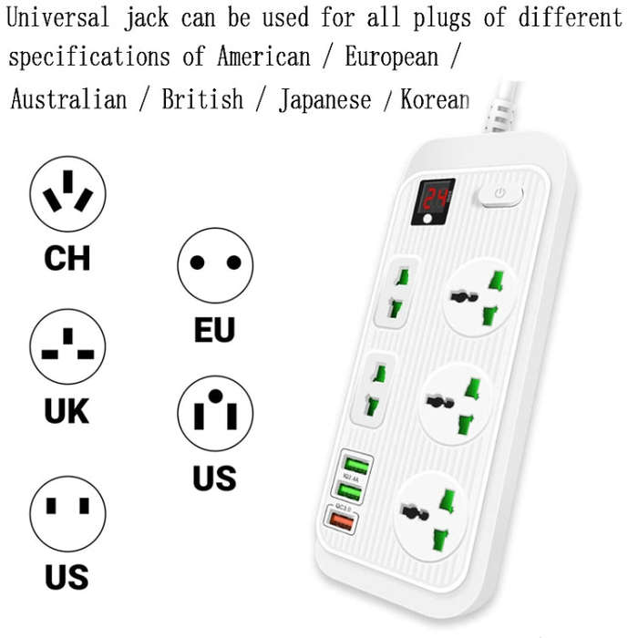 T17 3000W High-power 24-hour Smart Timing Socket QC3.0 USB Fast Charging Power Strip Socket, Cabl...
