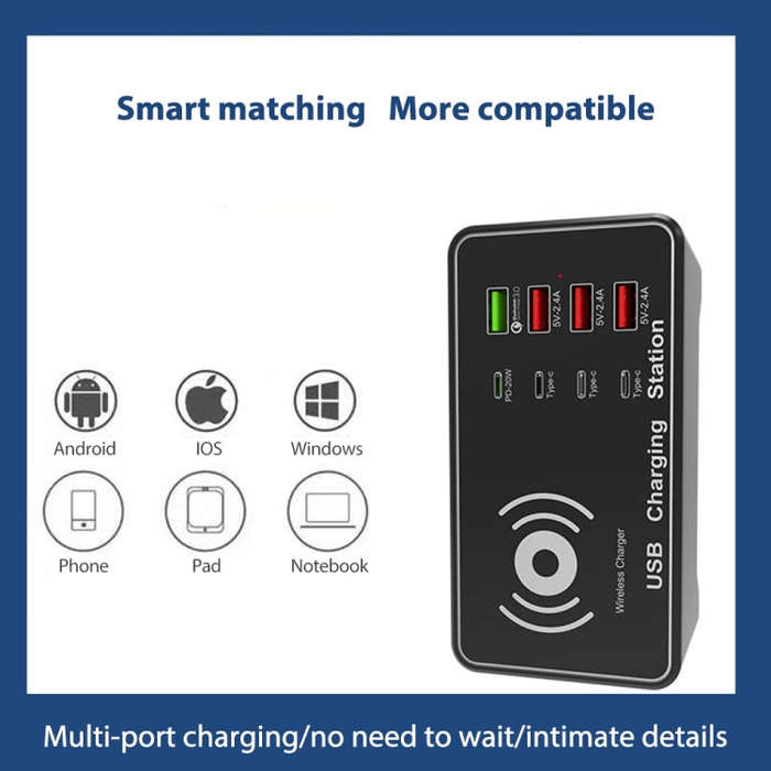 A7 High-power 100W 4 x PD 20W + QC3.0 USB Charger +15W Qi Wireless Charger Multi-port Smart Charg...