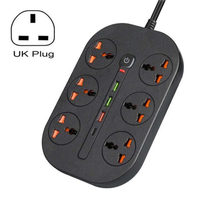 T21 PD3.0 + QC3.0 Multi Hole Row Plug 3000W High Power Socket, UK Plug(Black)
