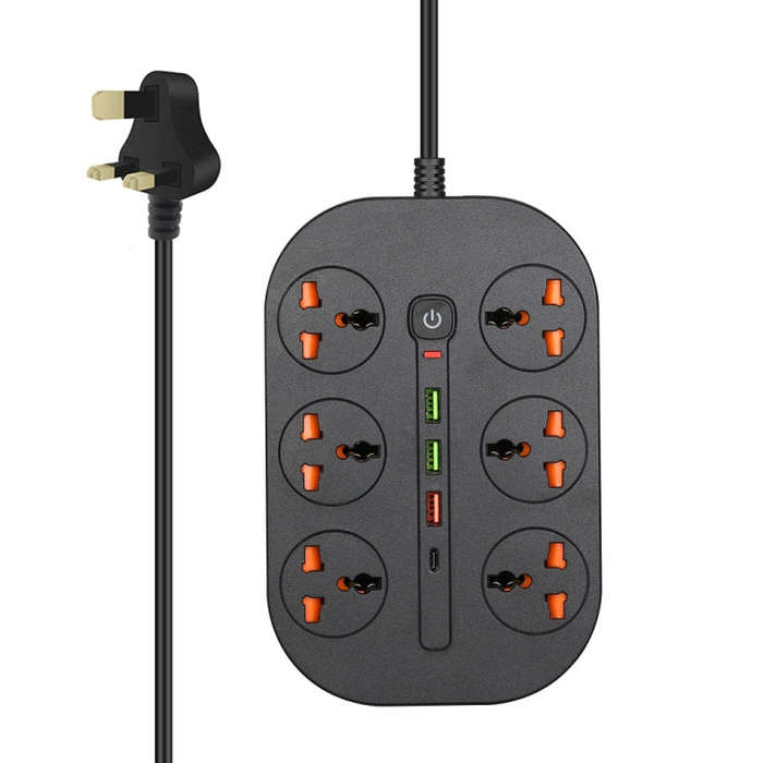 T21 PD3.0 + QC3.0 Multi Hole Row Plug 3000W High Power Socket, UK Plug(Black)