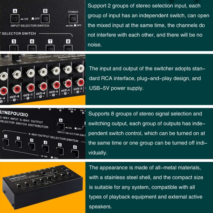 2 In 8 Out RCA Audio Frequency Signal Select Switch Distributor