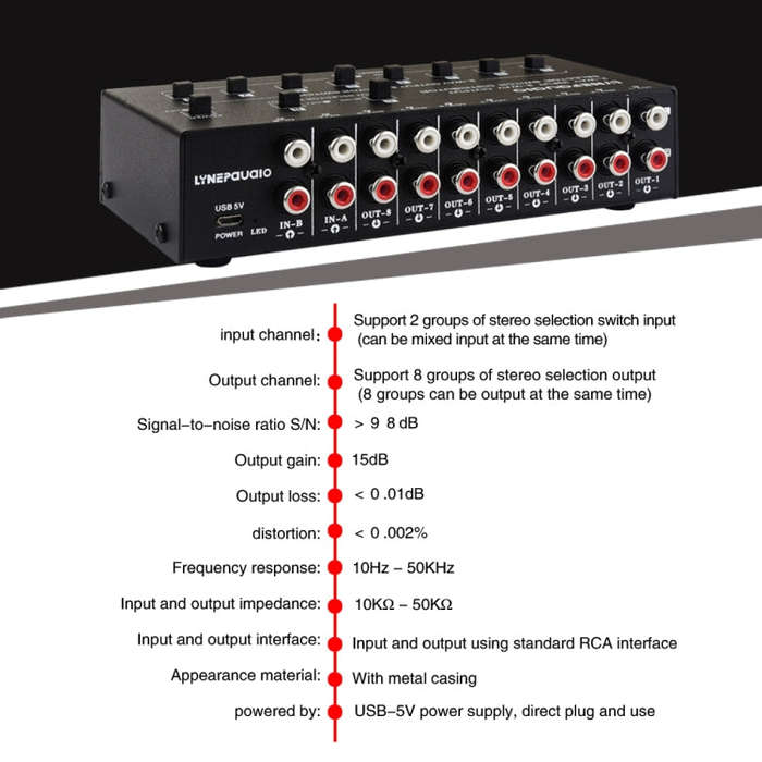 2 In 8 Out RCA Audio Frequency Signal Select Switch Distributor