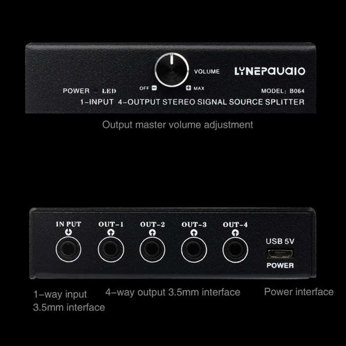 1 In 4 Out Audio Frequency Signal Splitter Distribute Device, Non Consumption, 3.5mm Interface Ou...