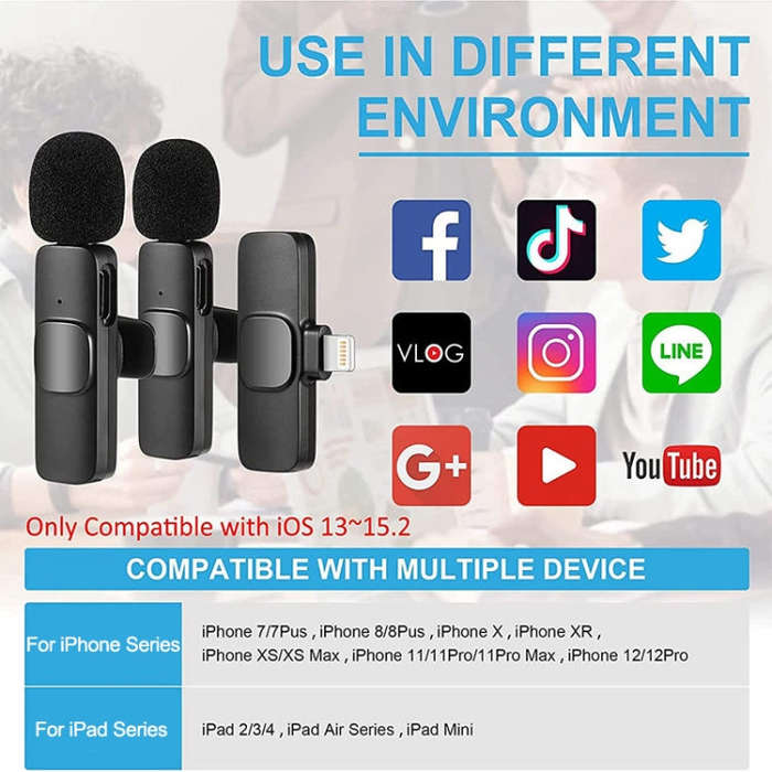 K9 2 in 1 Wireless Clip-on Auto Noise Cancelling Live Mini Microphone, Port: 8 Pin