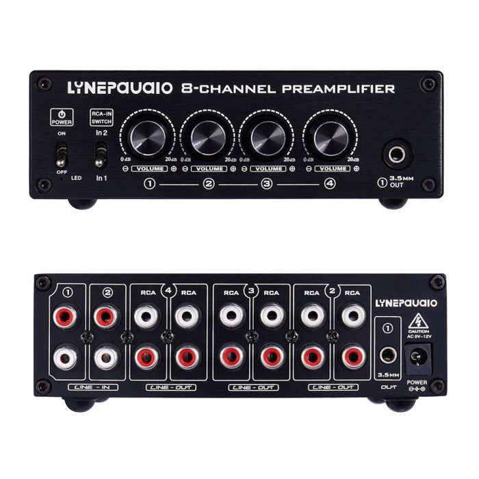 2 in 8 out Switcher Pre-Amplifier Speaker Distributor Signal Booster with Volume Control And Earp...
