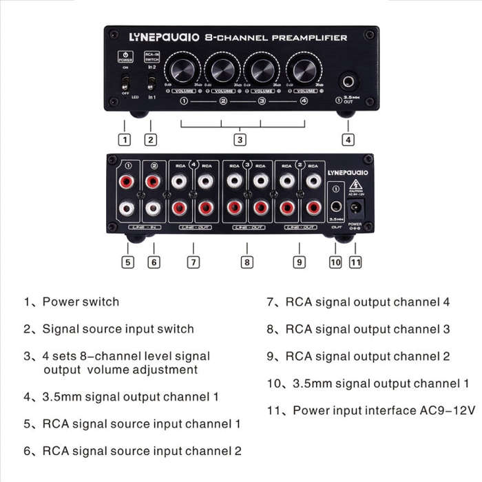 2 in 8 out Switcher Pre-Amplifier Speaker Distributor Signal Booster with Volume Control And Earp...