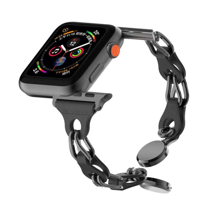 For Apple Watch 2 42mm Hollow Leather Chain Magnetic Buckle Watch Band(Black)