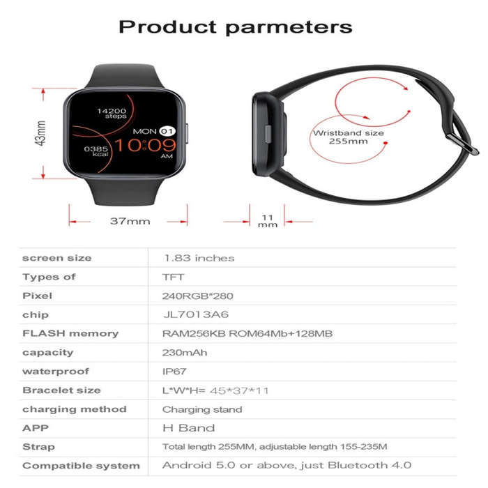 Y83 1.83 inch Color Screen Smart Watch,Support Heart Rate / Blood Pressure / Blood Oxygen / Blood...