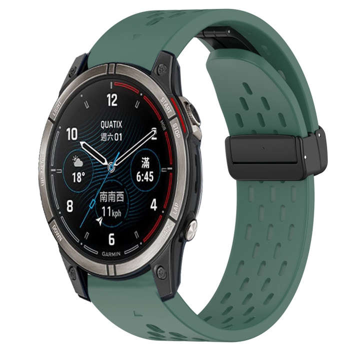 For Garmin Quatix 7 Pro Hole Folding Buckle 22mm Silicone Watch Band(Dark Green)