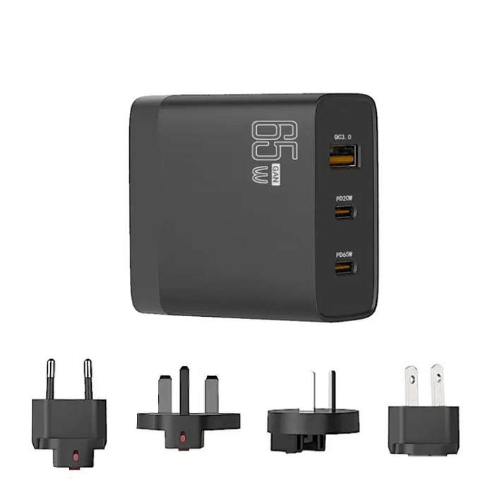 GAN 65W PD45W Dual Type-C+QC3.0 USB Multi Compatible Laptop Adapter EU + US + AU + UK Plug Black