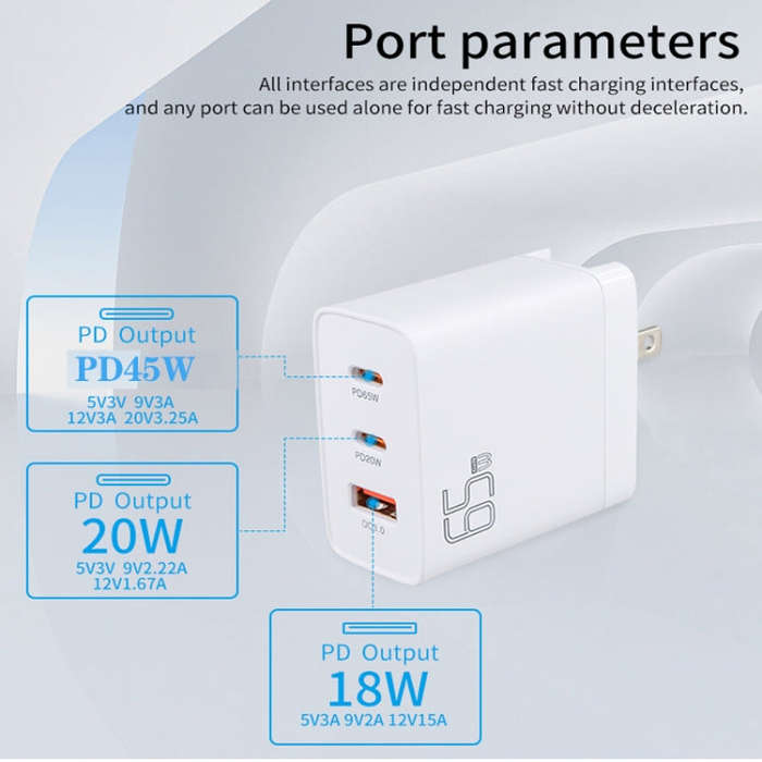 GAN 65W PD45W Dual Type-C+QC3.0 USB Multi Compatible Laptop Adapter UK + US Plug Black