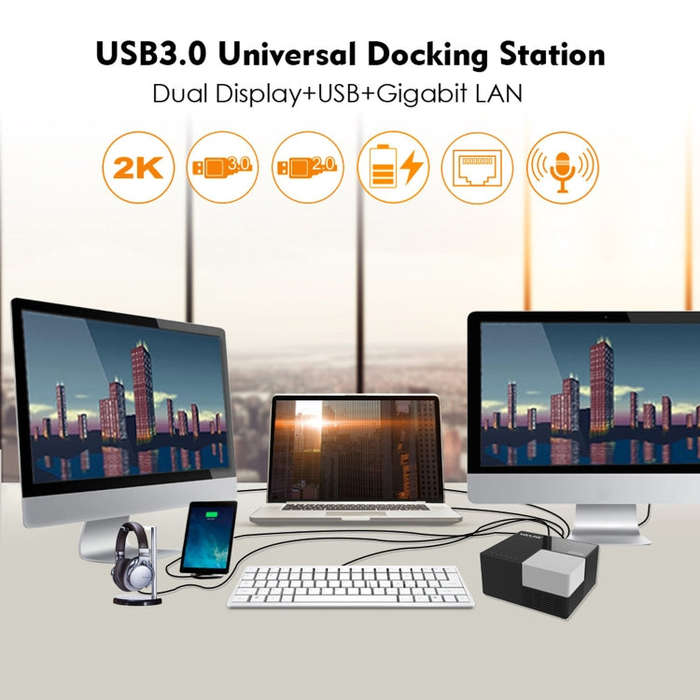 WAVLINK WL-UG39DK3 Fast Charging Gigabit Ethernet Dual Display Video Dock USB 3.0 Hub, Plug:EU Plug