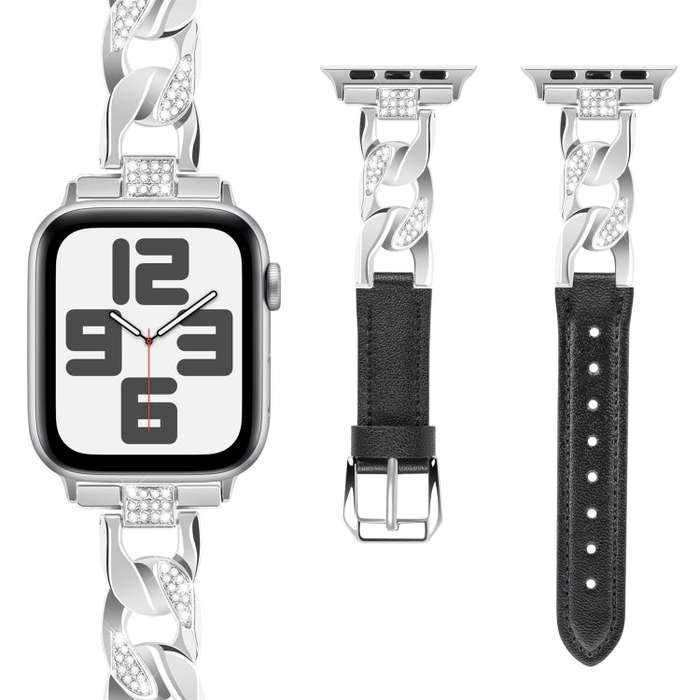 For Apple Watch SE 2023 44mm Rhinestone Denim Chain Leather Watch Band(Black)