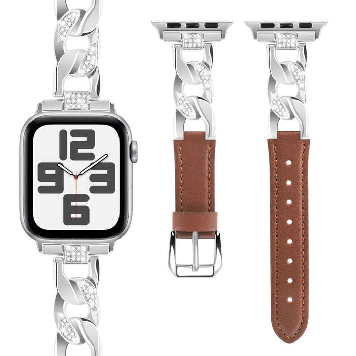 For Apple Watch Series 6 40mm Rhinestone Denim Chain Leather Watch Band(Brown)
