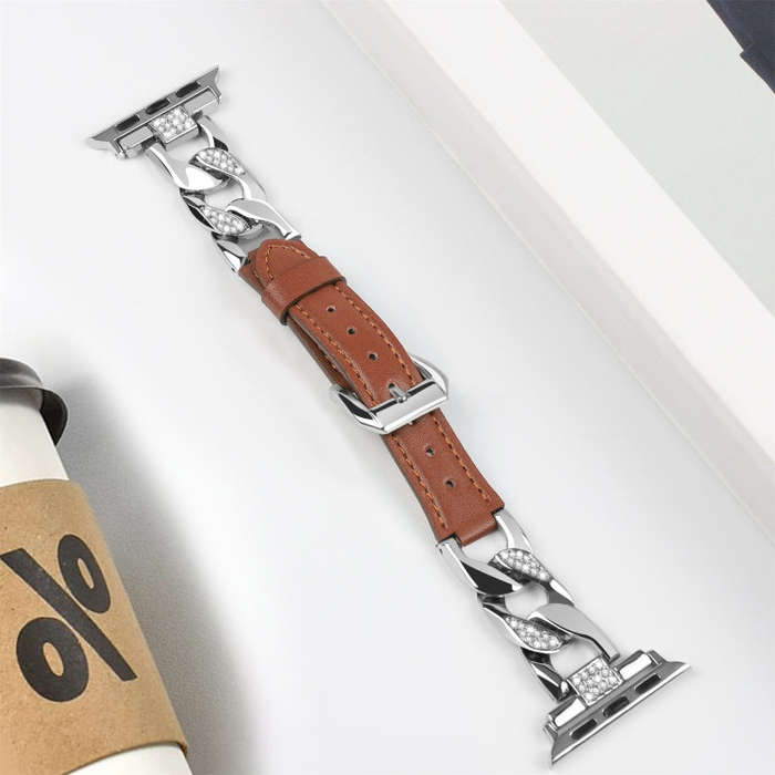 For Apple Watch Series 6 40mm Rhinestone Denim Chain Leather Watch Band(Brown)