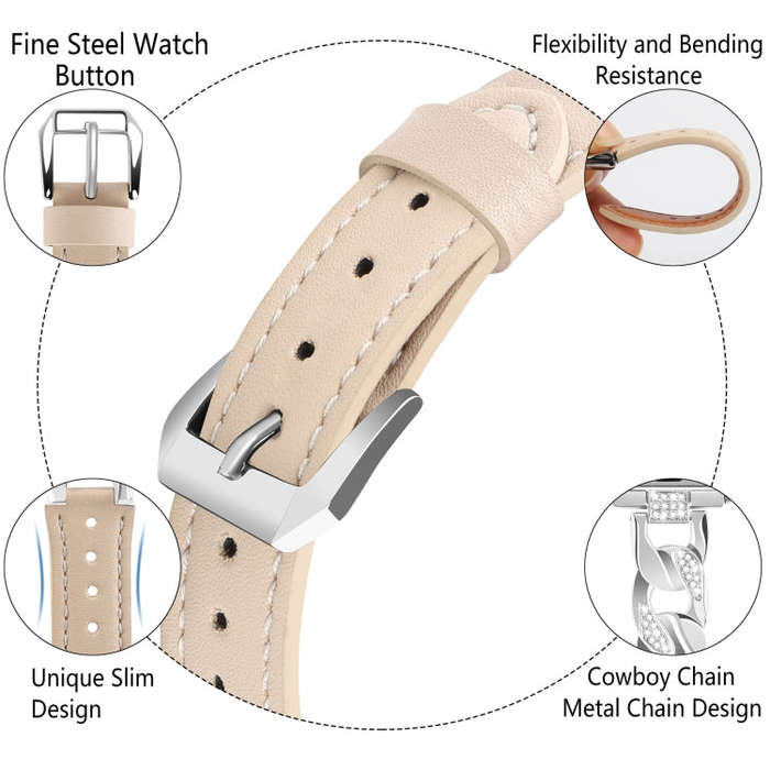 For Apple Watch Series 3 42mm Rhinestone Denim Chain Leather Watch Band(Apricot)