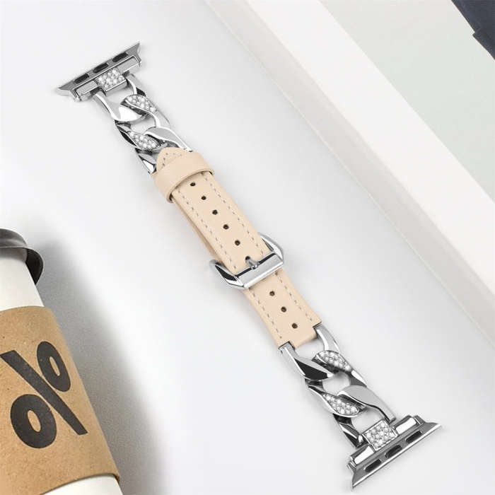 For Apple Watch Series 3 42mm Rhinestone Denim Chain Leather Watch Band(Apricot)