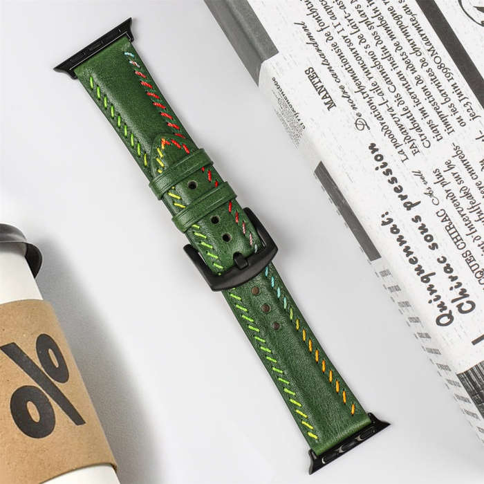 For Apple Watch Series 9 41mm Colorful Sewing Thread Leather Watch Band(Green)