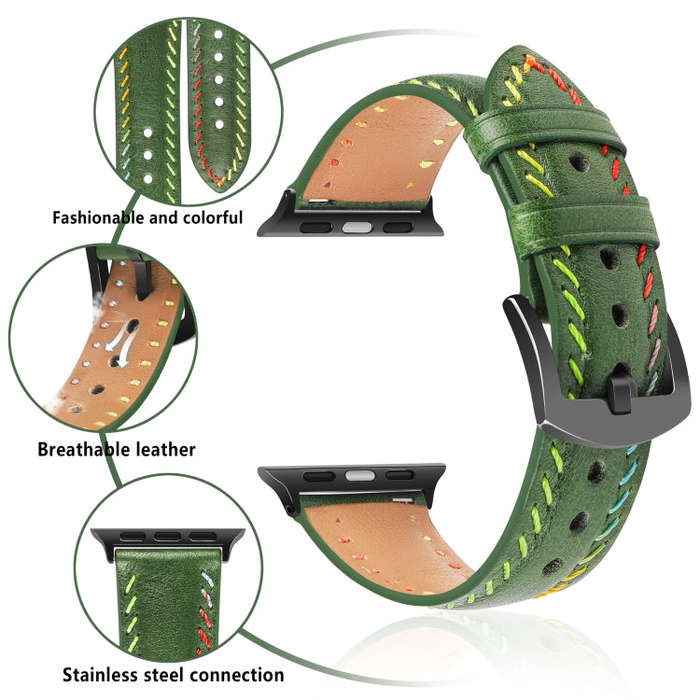 For Apple Watch Series 8 41mm Colorful Sewing Thread Leather Watch Band(Green)
