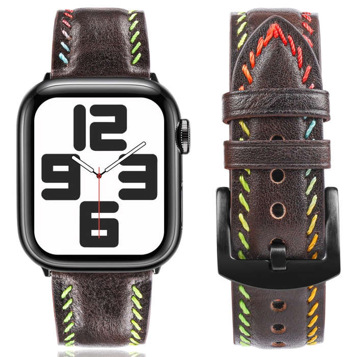 For Apple Watch Series 6 40mm Colorful Sewing Thread Leather Watch Band(Dark Brown)