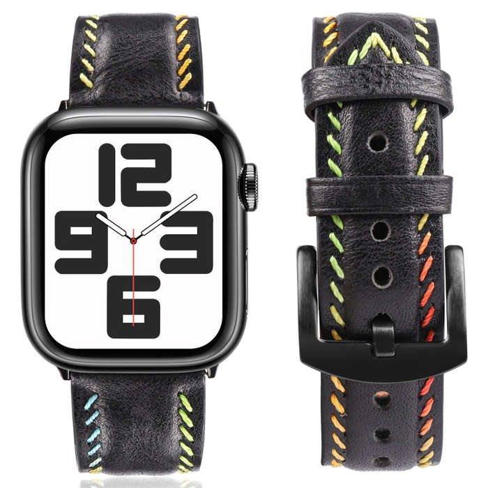 For  Apple Watch Series 5 44mm Colorful Sewing Thread Leather Watch Band(Black)