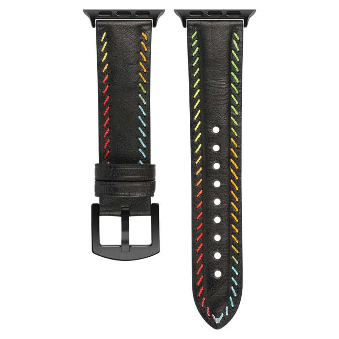 For  Apple Watch Series 5 44mm Colorful Sewing Thread Leather Watch Band(Black)