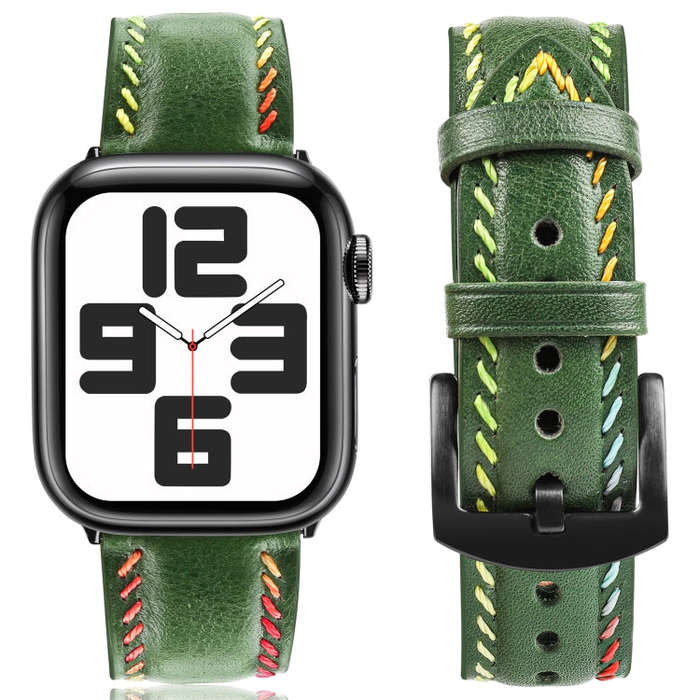 For Apple Watch Series 4 44mm Colorful Sewing Thread Leather Watch Band(Green)