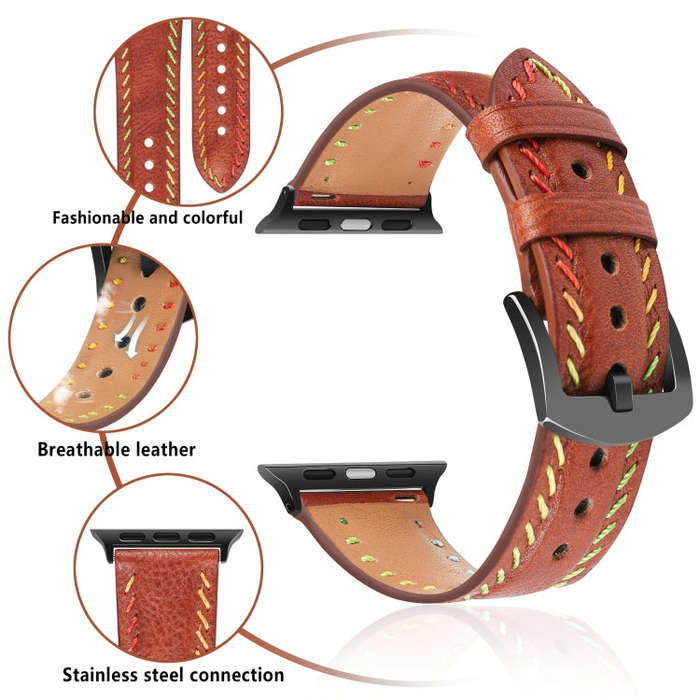 For Apple Watch Series 3 42mm Colorful Sewing Thread Leather Watch Band(Brown)