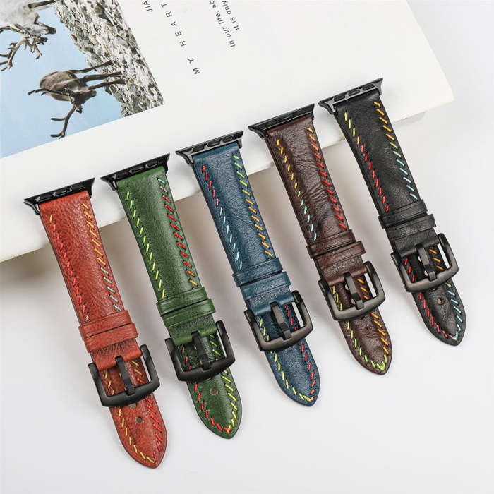 For Apple Watch Ultra 49mm Colorful Sewing Thread Leather Watch Band(Black)