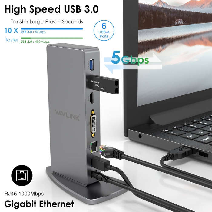 WAVLINK WL-UG39DK7 USB3.0 Hub Adapter Multi-Screen Graphics Card Universal Docking Station, Plug:...