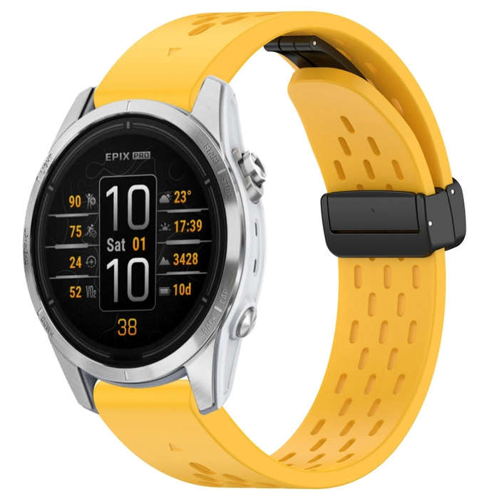For Garmin Epix Pro 42mm 20mm Holes Magnetic Folding Buckle Silicone Watch Band(Yellow)