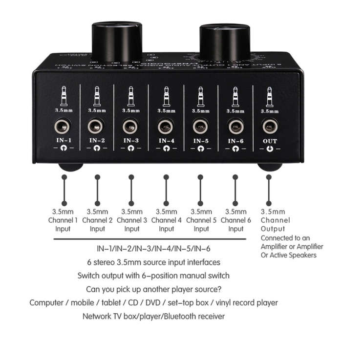 B017 6 Input 1 Output Audio Signal Selection Switcher Output Volume Adjustment Control 3.5mm Inte...
