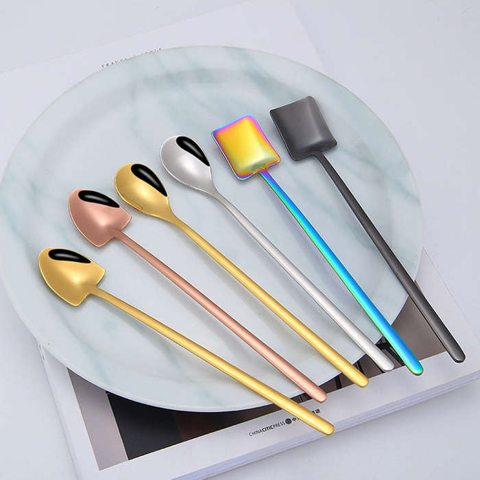 2 PCS Stainless Steel Spoon Creative Coffee Spoon Bar Ice Spoon Gold Plated Long Stirring Spoon, ...